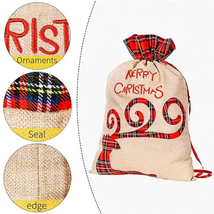Large Merry Christmas Drawstring Gift Bag with Plaid Accents - Perfect for Holiday Presents (3 pieces) - Occasions >