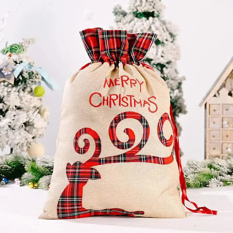 Large Merry Christmas Drawstring Gift Bag with Plaid Accents - Perfect for Holiday Presents (3 pieces) - Occasions >