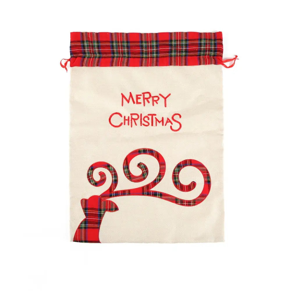 Large Merry Christmas Drawstring Gift Bag with Plaid Accents - Perfect for Holiday Presents (3 pieces) - Occasions >