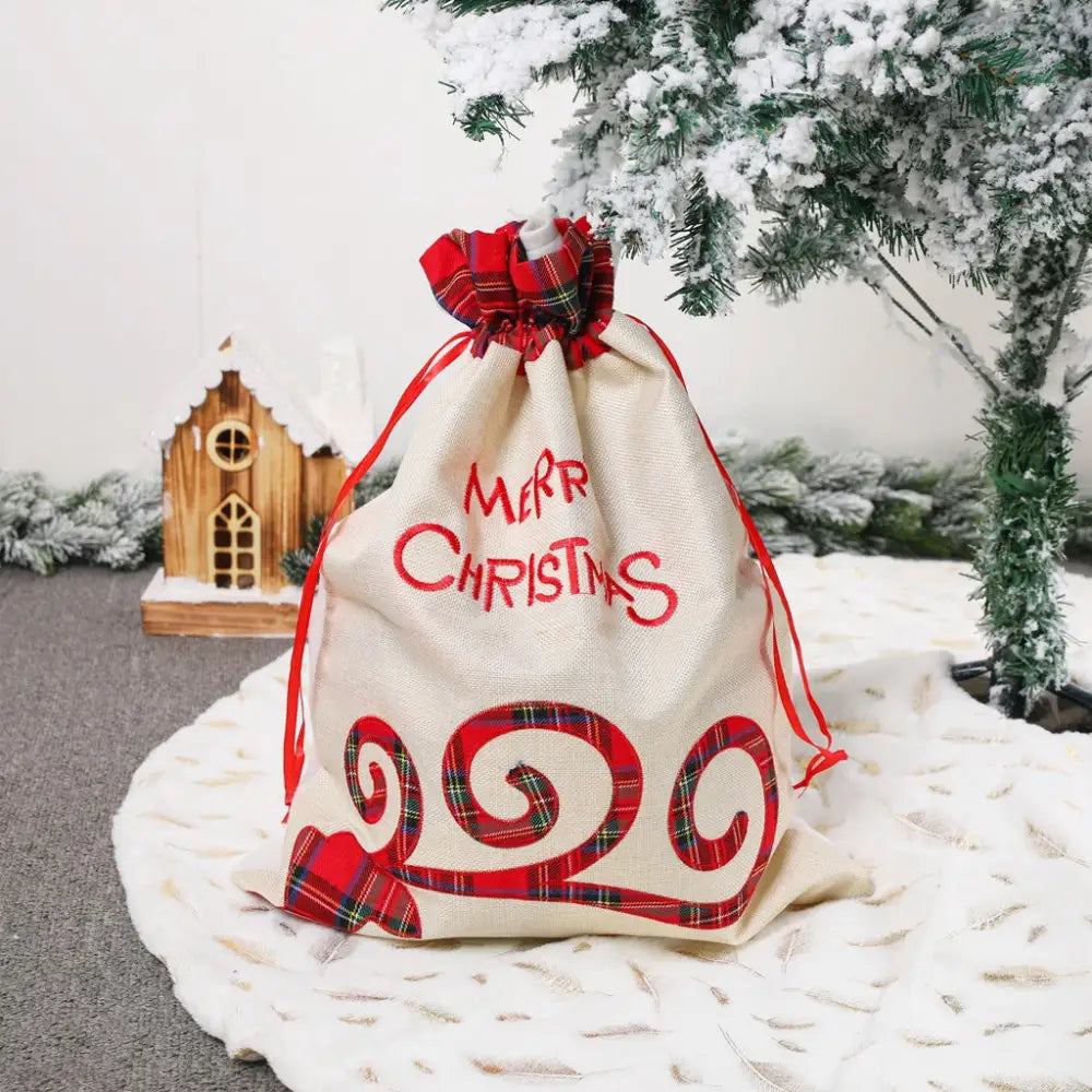 Large Merry Christmas Drawstring Gift Bag with Plaid Accents - Perfect for Holiday Presents (3 pieces) - Occasions >