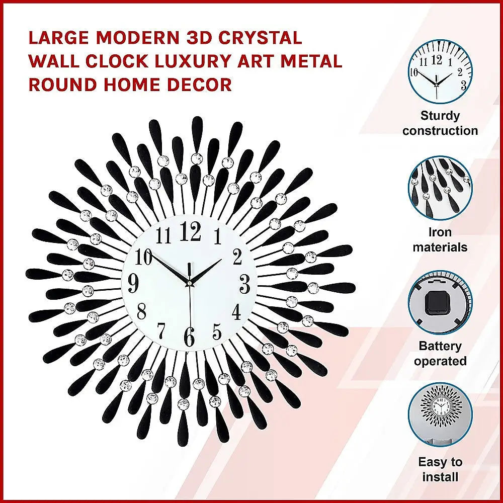 Large Modern 3D Crystal Wall Clock Luxury Art Metal Round Home Decor - Home & Garden > Decor