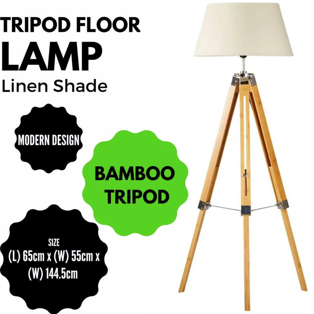 LARGE TRIPOD FLOOR LAMP Linen Shade Modern Light Bamboo Vintage Wooden Retro - Home & Garden > Lighting > Floor Lamps