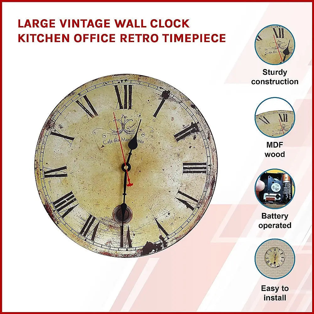 Large Vintage Wall Clock Kitchen Office Retro Timepiece - Home & Garden > Decor
