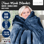 Laura Hill 600gsm Faux Mink Blanket Queen Size Double-sided Throw Rug Large Super Luxurious Soft - Blue - Home & Garden