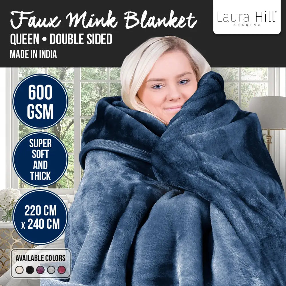 Laura Hill 600gsm Faux Mink Blanket Queen Size Double-sided Throw Rug Large Super Luxurious Soft - Blue - Home & Garden