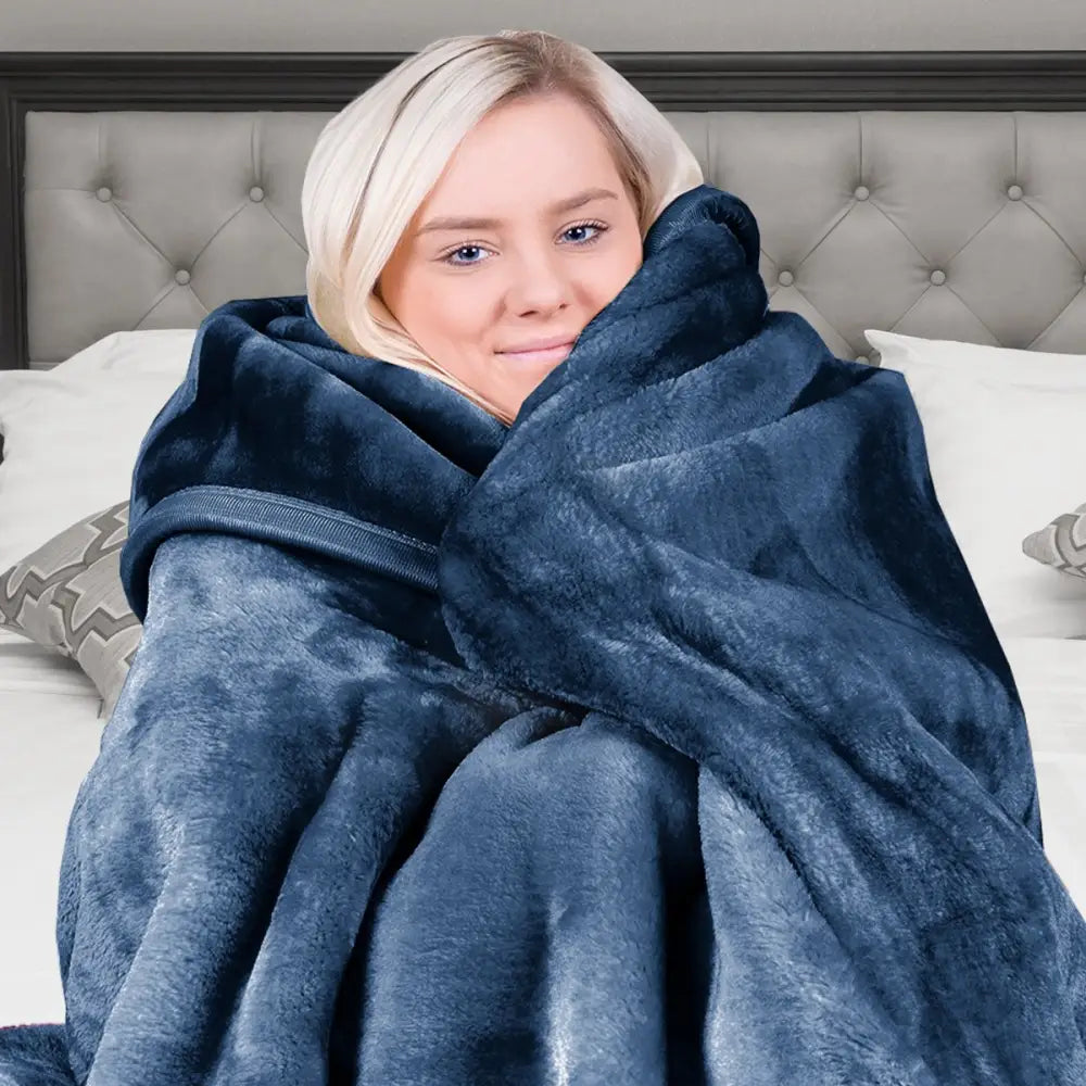 Laura Hill 600gsm Faux Mink Blanket Queen Size Double-sided Throw Rug Large Super Luxurious Soft - Blue - Home & Garden