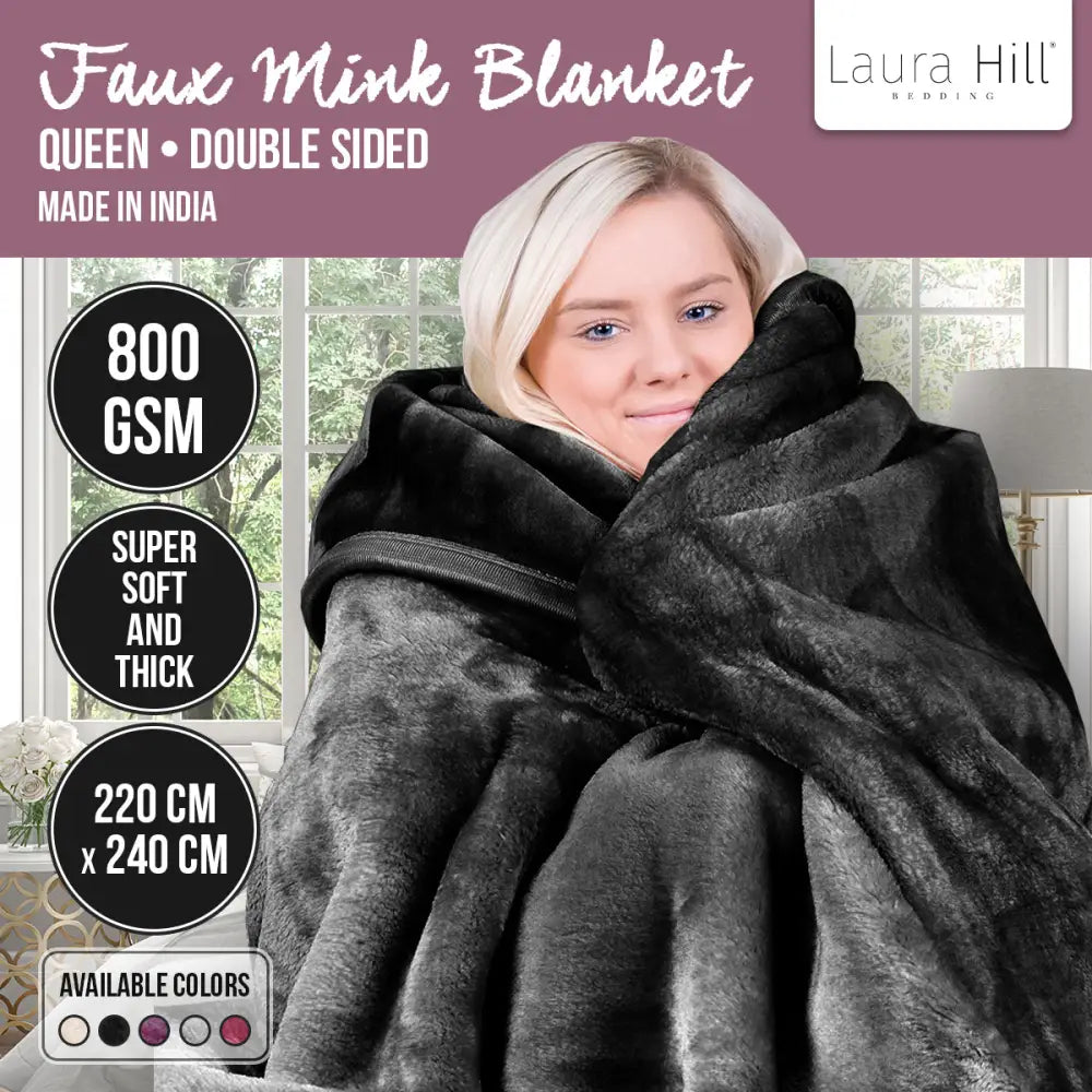 Laura Hill 800-gsm Faux Mink Throw Rug Blanket Queen Size Double-sided Large Super Luxurious Soft Heavy - Black - Home