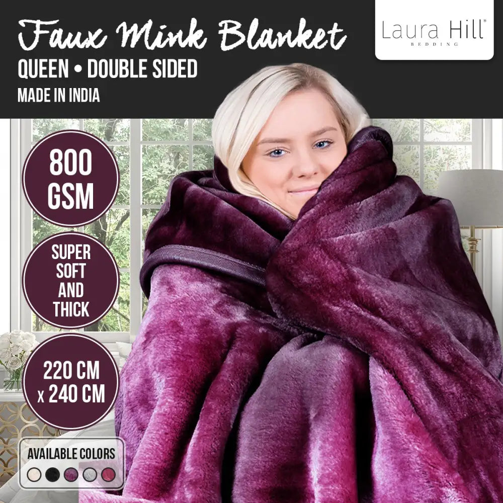 Laura Hill Double-sided Large 220 X 240cm Faux Mink Throw Rug Blanket 800-gsm Heavy - Purple - Home & Garden > Bedding