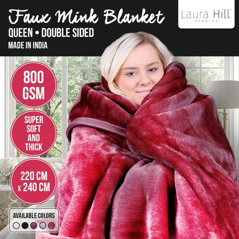 Laura Hill Double-sided Large 220 X 240cm Faux Mink Throw Rug Blanket 800-gsm Heavy - Red - Home & Garden > Bedding