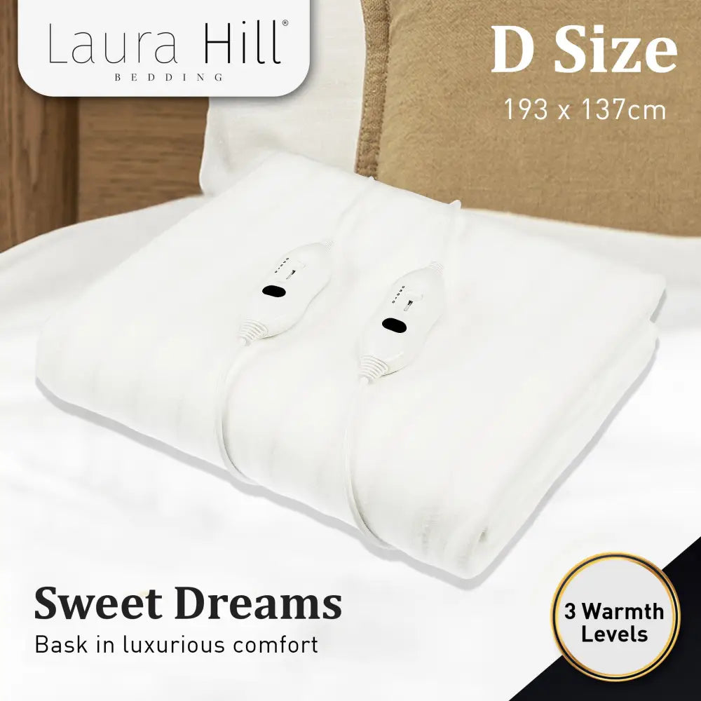Laura Hill Heated Electric Blanket Double Size Fitted Polyester Underlay Winter Throw - White - Home & Garden > Bedding