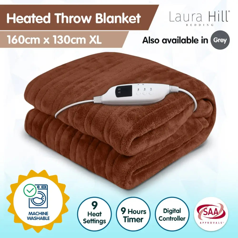 Laura Hill Heated Electric Blanket Throw Rug Coral Warm Fleece Brown - Home & Garden > Bedding