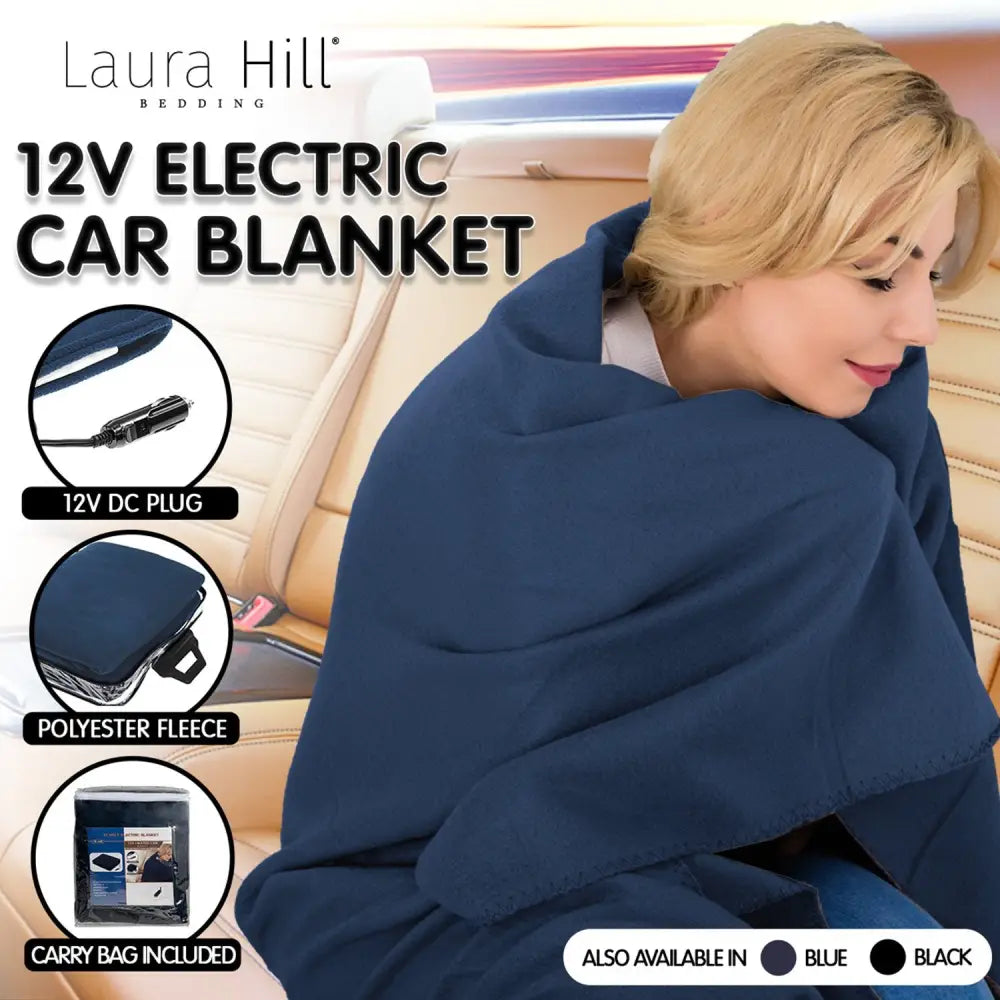 Laura Hill Heated Electric Car Blanket 150x110cm 12v - Navy Blue - Home & Garden > Bedding