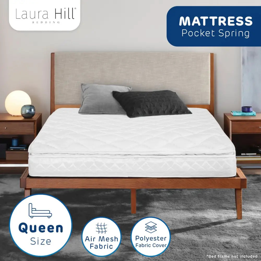Laura Hill Mattress Queen Size Pillow Top Pocket Spring High Density Foam 22cm - Home & Garden > Bedding