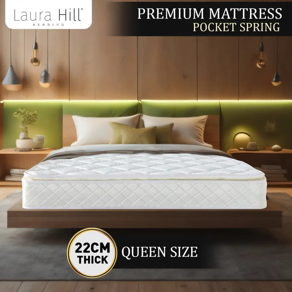 Laura Hill Mattress Queen Size Pillow Top Pocket Spring High Density Foam 22cm - Home & Garden > Bedding