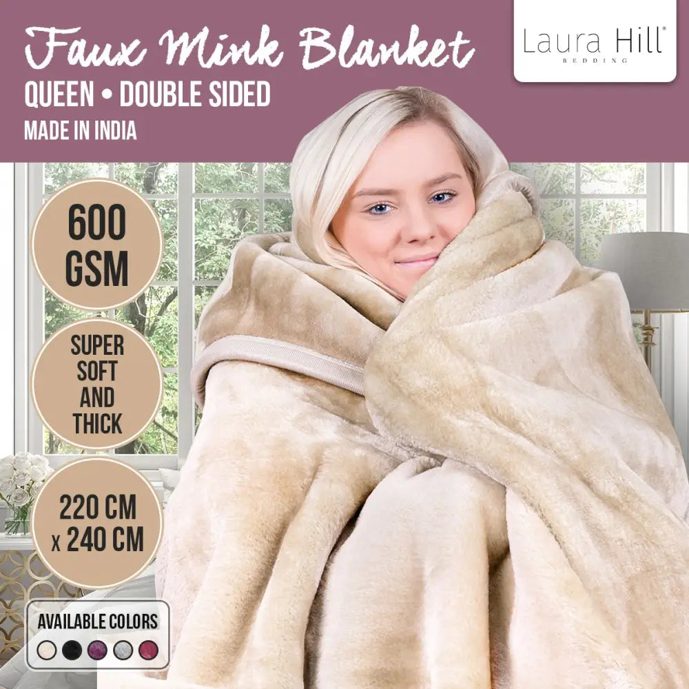 Laura Hill Mink Blanket Double Sided 600GSM Queen Size Beige - Home & Garden > Bedding