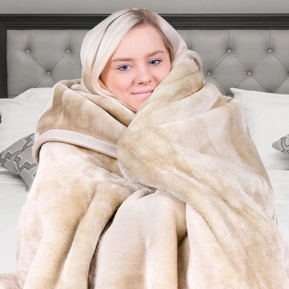 Laura Hill Mink Blanket Double Sided 600GSM Queen Size Beige - Home & Garden > Bedding