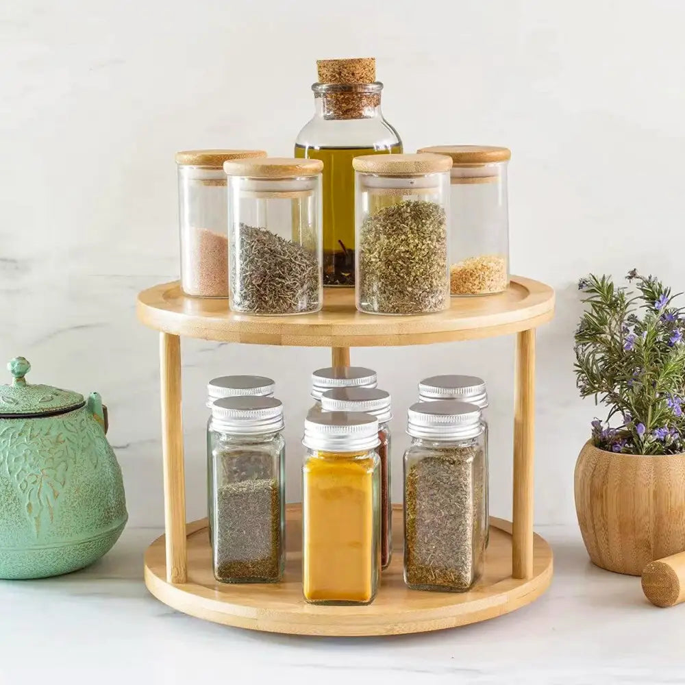Lazy Susan 2 Tier Rotating Spice Rack Turnable Kitchen Shelf Bamboo Organiser - Home & Garden > DIY > Kitchen &