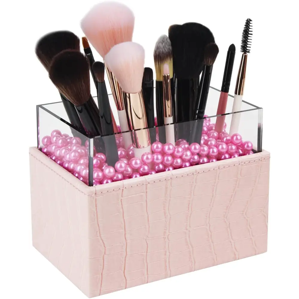 Leather Makeup Brush Cosmetic Organiser Storage Box with Pink Pearls and Acrylic Cover (Pink) - Health & Beauty >