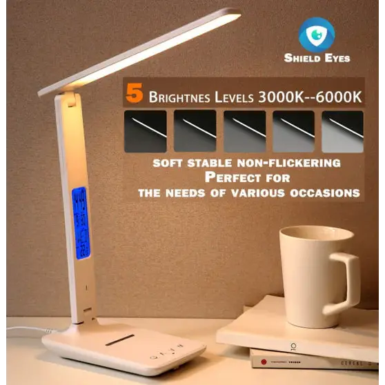 LED Desk Lamp with Fast Wireless Charger Clock Alarm Date Temperature - Home & Garden > Lighting