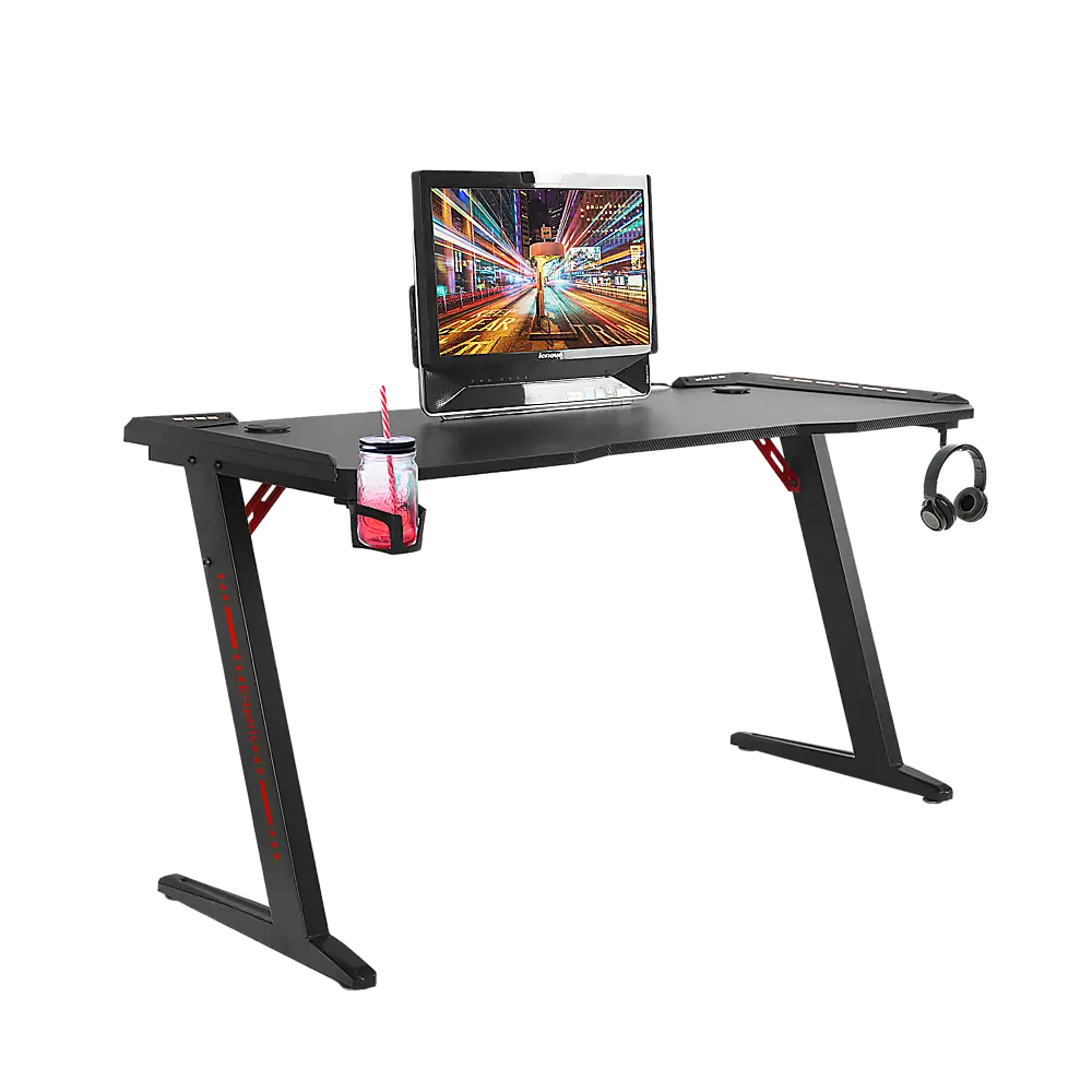 LED Gaming Desk Computer Table with Cup Holder Headphone Hook Cable Hole - Furniture > Office