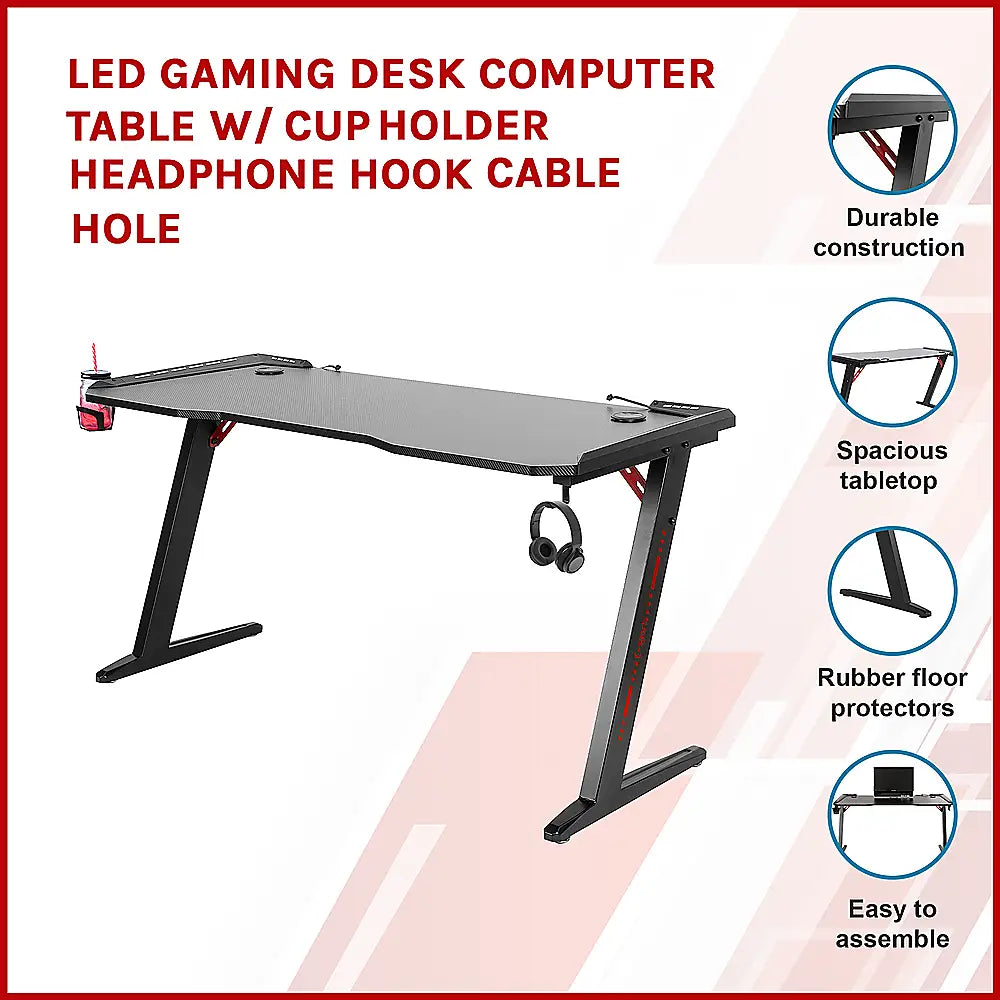 LED Gaming Desk Computer Table with Cup Holder Headphone Hook Cable Hole - Furniture > Office