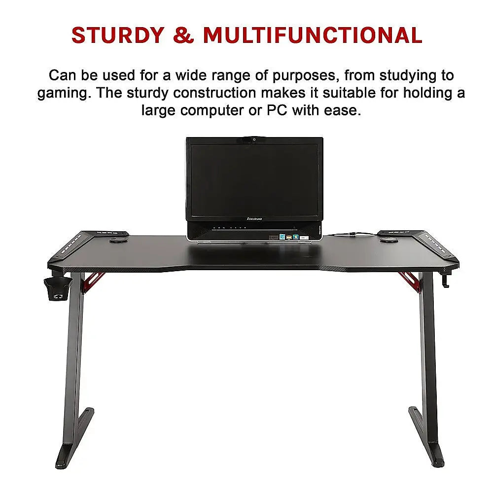 LED Gaming Desk Computer Table with Cup Holder Headphone Hook Cable Hole - Furniture > Office