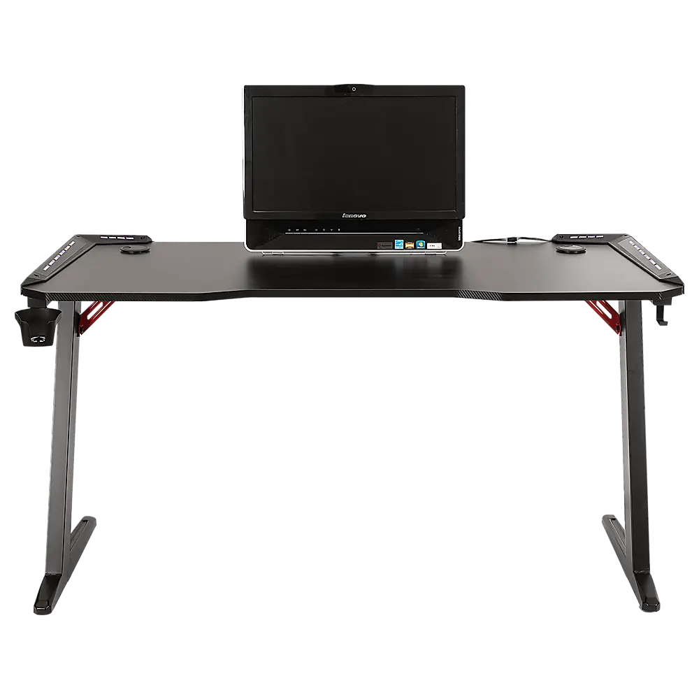 LED Gaming Desk Computer Table with Cup Holder Headphone Hook Cable Hole - Furniture > Office