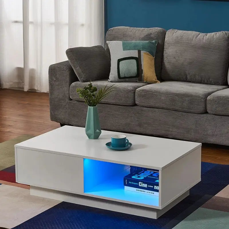 LED High Gloss Top White Coffee Table With Single Drawer - Furniture > Living Room > Coffee Tables