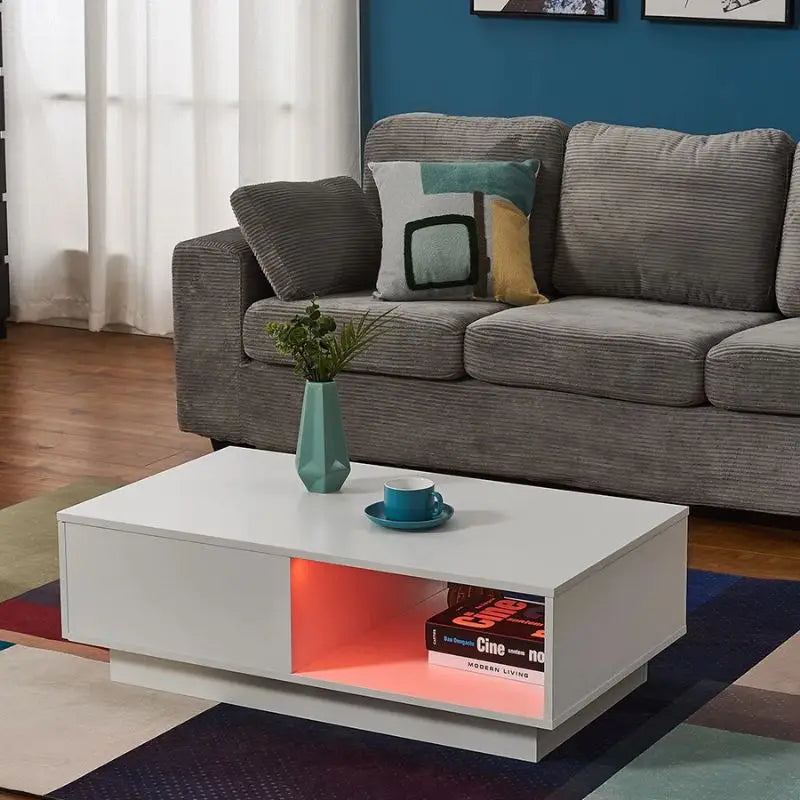 LED High Gloss Top White Coffee Table With Single Drawer - Furniture > Living Room > Coffee Tables