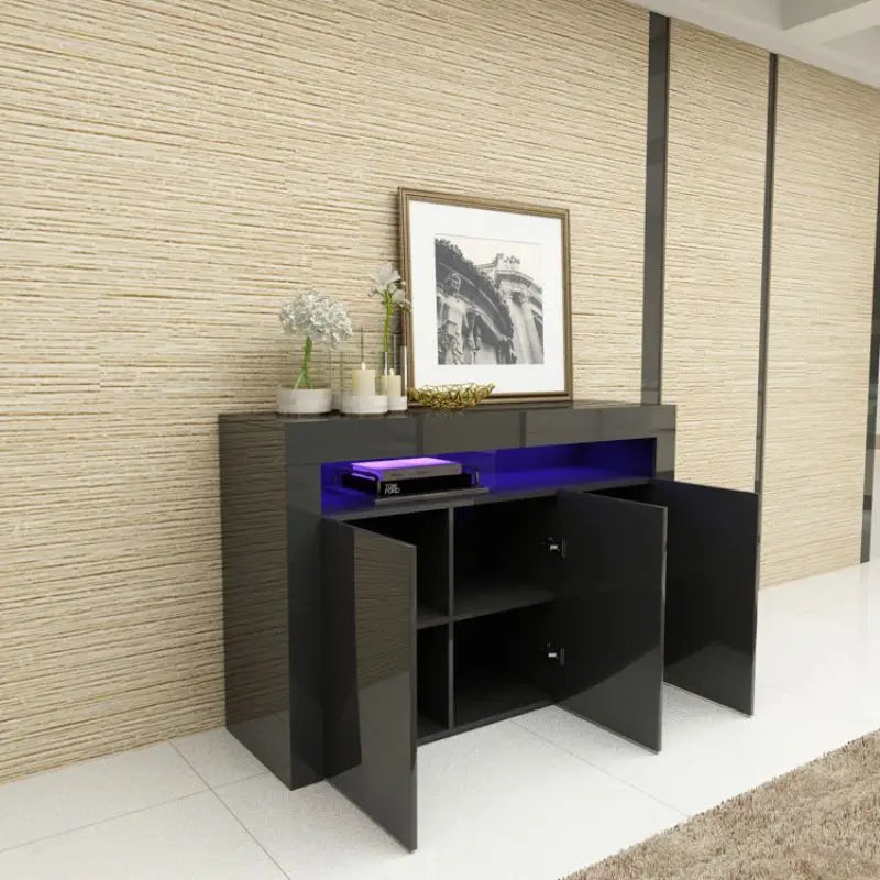 LED High Gloss White Buffet Kitchen Sideboard Cupboard Black - Furniture > Living Room