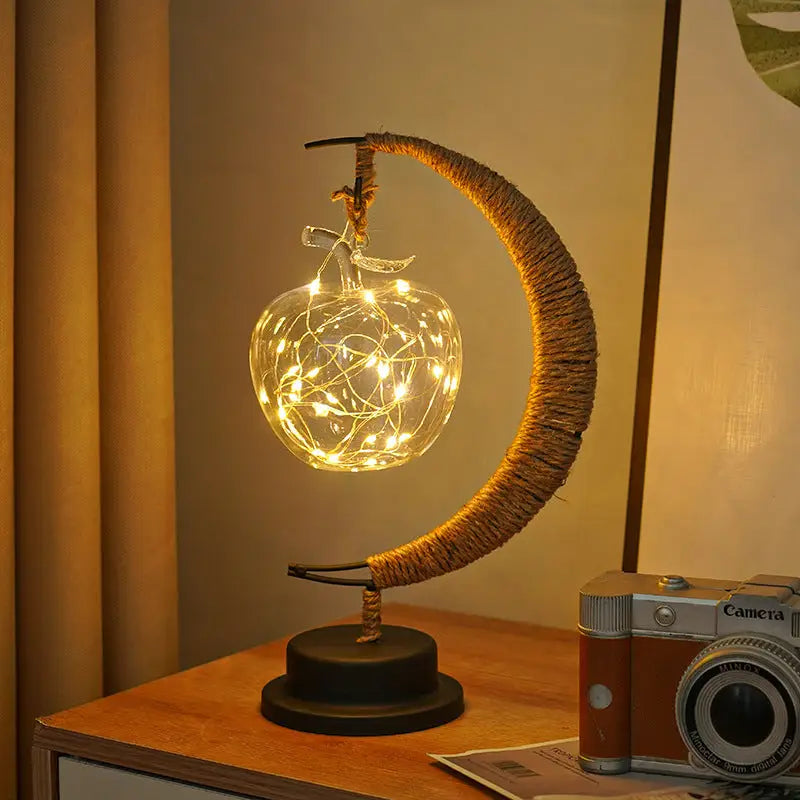 LED Multi-Shape Decorative Lights - Star Moon Apple USB Night Lights with Handmade Hemp Rope Warm Iron Craft Perfect