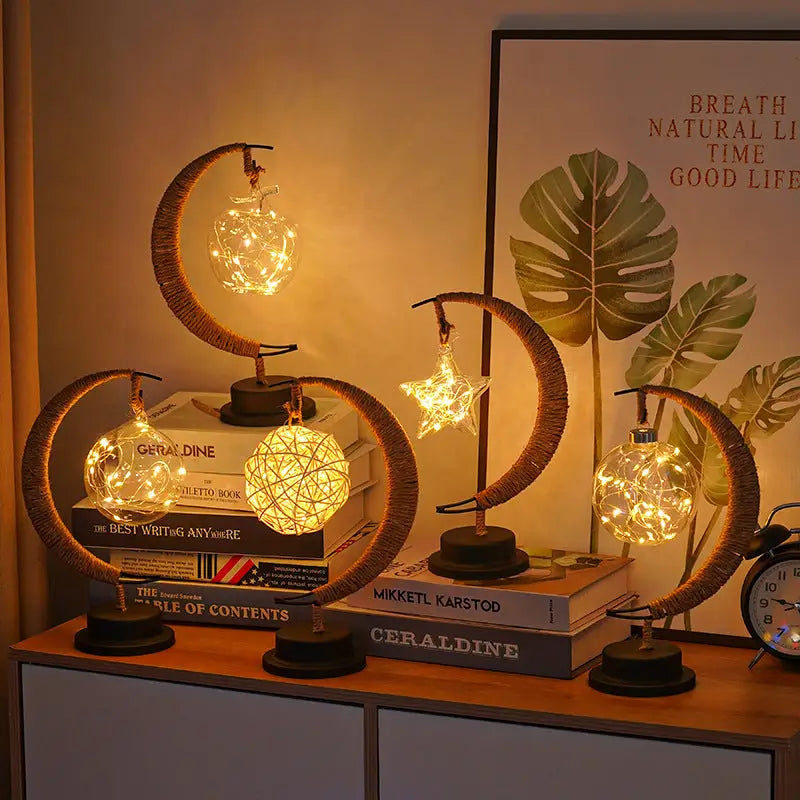 LED Multi-Shape Decorative Lights - Star Moon Apple USB Night Lights with Handmade Hemp Rope Warm Iron Craft Perfect