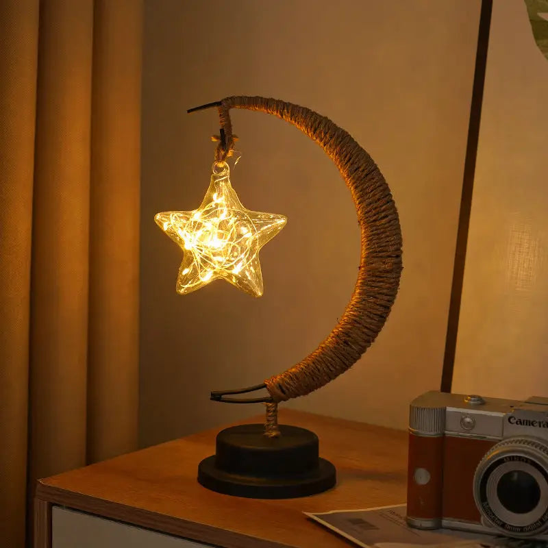 LED Multi-Shape Decorative Lights - Star Moon Apple USB Night Lights with Handmade Hemp Rope Warm Iron Craft Perfect