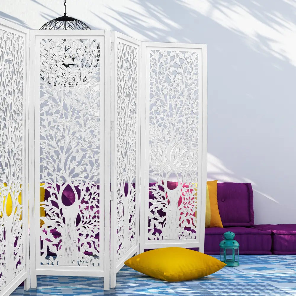 Life Dig 4 Panel Room Divider Screen Privacy Shoji Timber Wood Stand - White - Furniture > Living Room