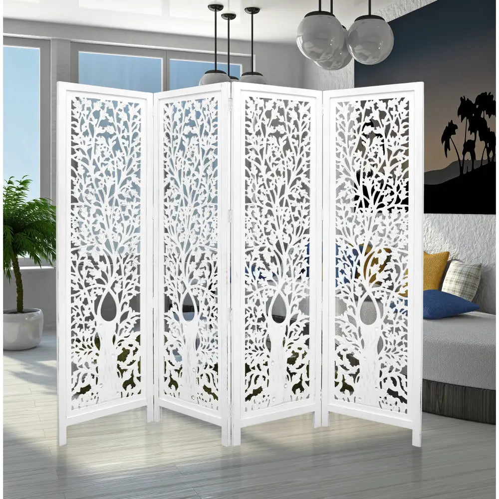 Life Dig 4 Panel Room Divider Screen Privacy Shoji Timber Wood Stand - White - Furniture > Living Room