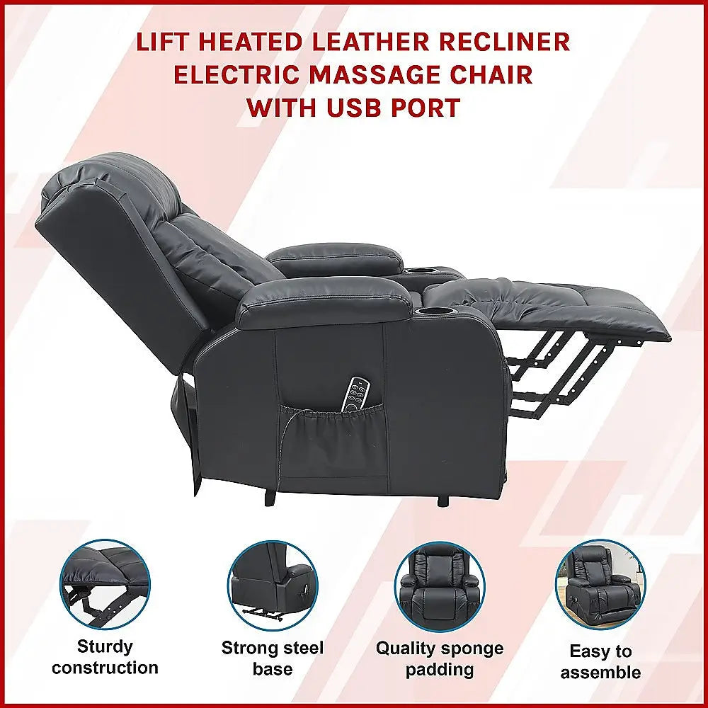 Lift Heated Leather Recliner Electric Massage Chair with USB port - Furniture > Bar Stools & Chairs > Arm Chairs &