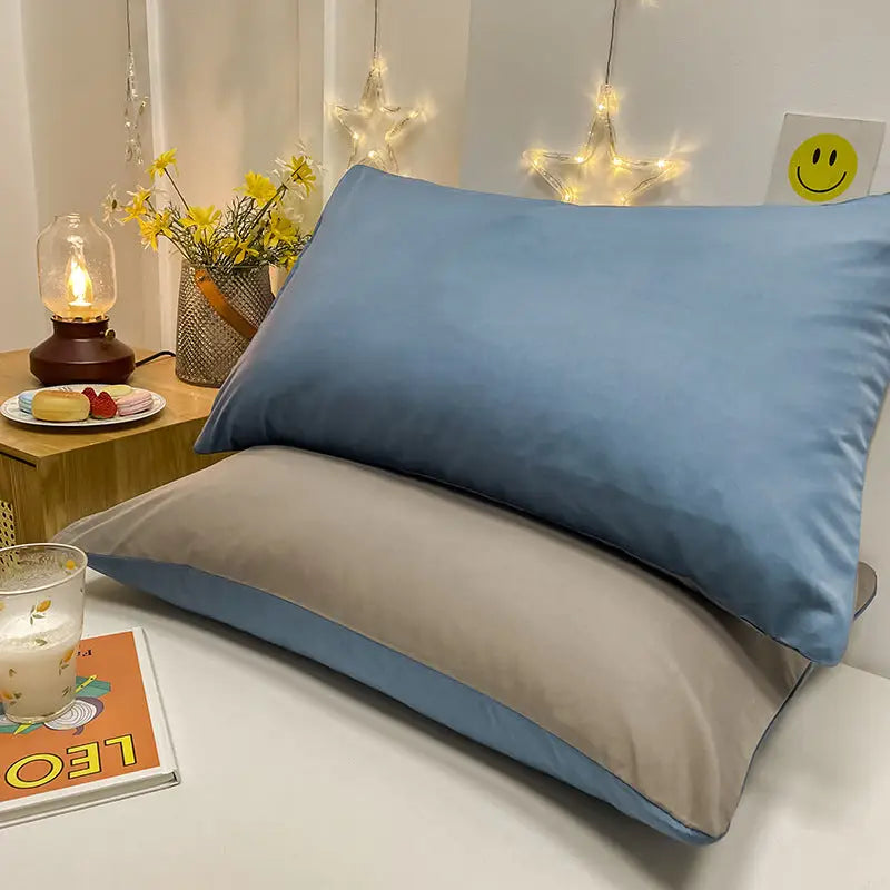 Light Blue And Grey Washed Cotton Pillowcase Set - Solid Color Simple Two-Tone Design 48x74cm (Pair) - Home & Garden >