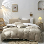 Light Brown And White Stitching Ultra-Soft Solid Color 4-Piece Bedding Set - Queen Size(Suitable for 2m bed) - Home &