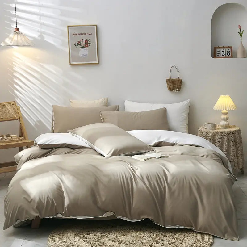 Light Brown And White Stitching Ultra-Soft Solid Color 4-Piece Bedding Set - Queen Size(Suitable for 2m bed) - Home &