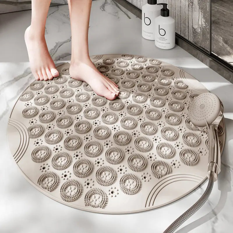 Light Brown Non-Slip Round Shower Foot Scrubber Mat - Soft Silicone Massage Pad for Foot Cleaning - Home & Garden >