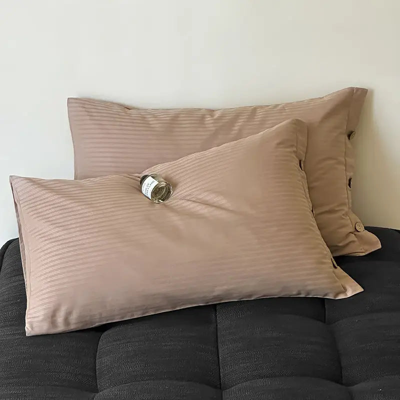 Light Brown Pinstripe Long Staple Cotton Sateen Pillowcase Set - Jacquard Striped Pure Cotton 48x74cm (Pair) - Home &
