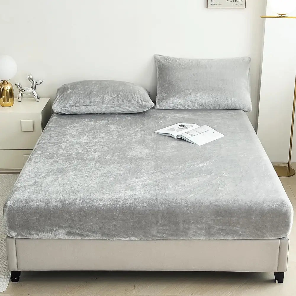 Light Gray Plush Crystal Velvet Fitted Sheet - Ultra Soft Warm & Thick for Winter (153x203 + 36cm) - Furniture >