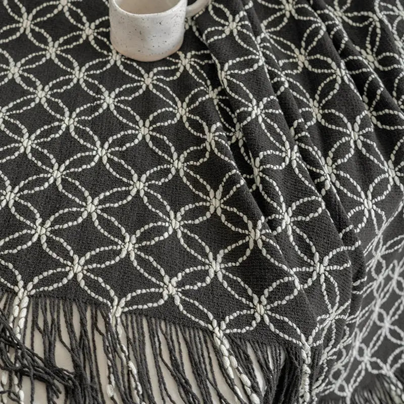 Light Green Cozy Geometric Knitted Throw Blanket with Tassels - Soft Acrylic Decorative Sofa & Bed Cover 130x180cm