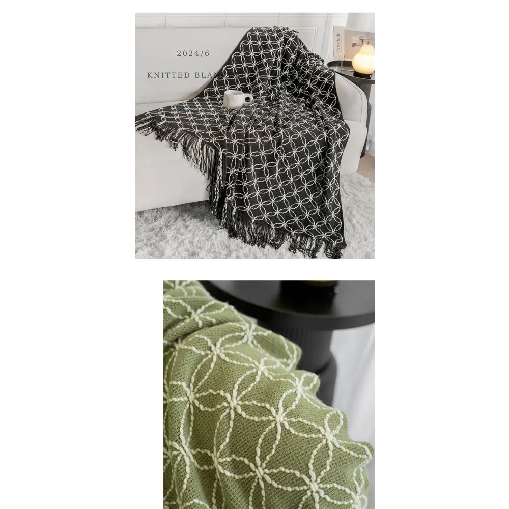Light Green Cozy Geometric Knitted Throw Blanket with Tassels - Soft Acrylic Decorative Sofa & Bed Cover 130x180cm