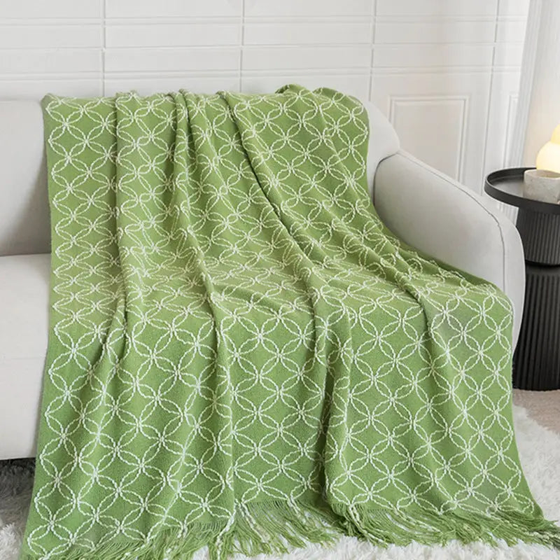 Light Green Cozy Geometric Knitted Throw Blanket with Tassels - Soft Acrylic Decorative Sofa & Bed Cover 130x180cm