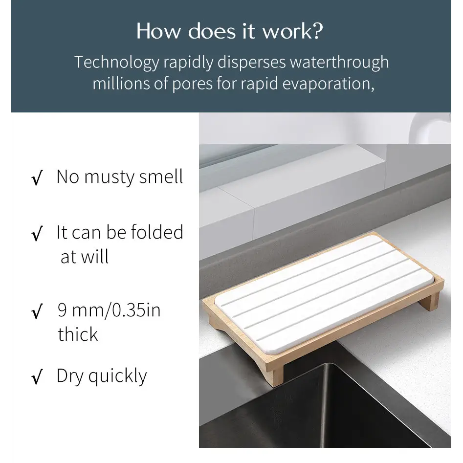 Light Grey Natural Diatomaceous Earth Absorbent Drying Tray with Bamboo Base - Quick-Dry Stone Mat for Kitchen &