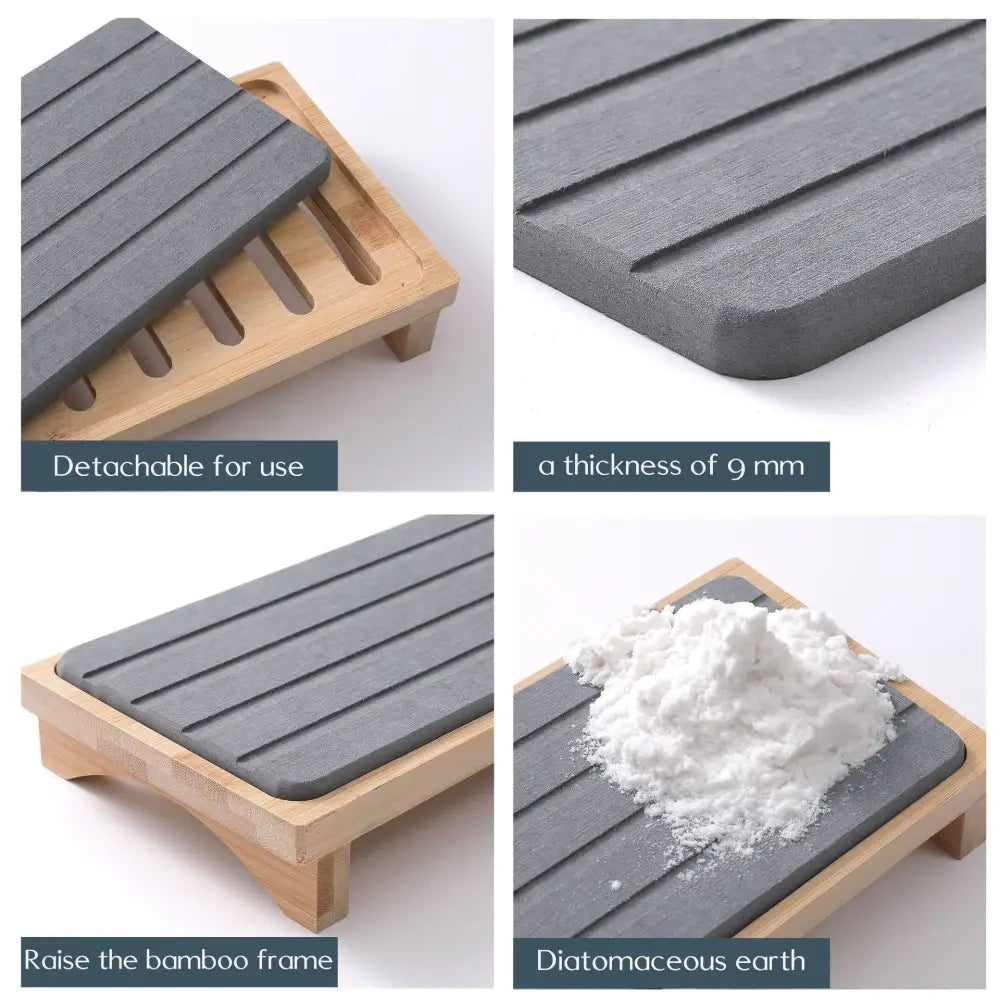 Light Grey Natural Diatomaceous Earth Absorbent Drying Tray with Bamboo Base - Quick-Dry Stone Mat for Kitchen &