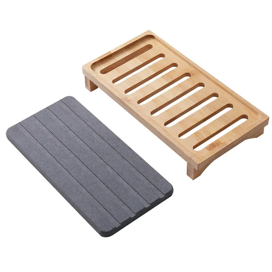 Light Grey Natural Diatomaceous Earth Absorbent Drying Tray with Bamboo Base - Quick-Dry Stone Mat for Kitchen &