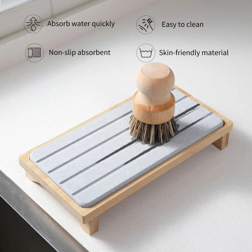 Light Grey Natural Diatomaceous Earth Absorbent Drying Tray with Bamboo Base - Quick-Dry Stone Mat for Kitchen &