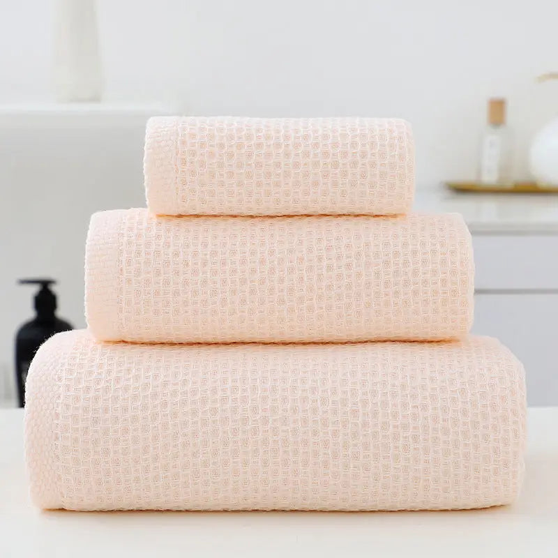Light Pink Premium 3-Piece Waffle Weave Cotton Towel Set - Lightweight Quick-Dry & Absorbent - Bath Hand Face Cloth
